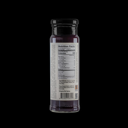 Bourbon Barrel Foods Blueberry Cardamom & Bourbon Jam nutrition facts on back of bottle.